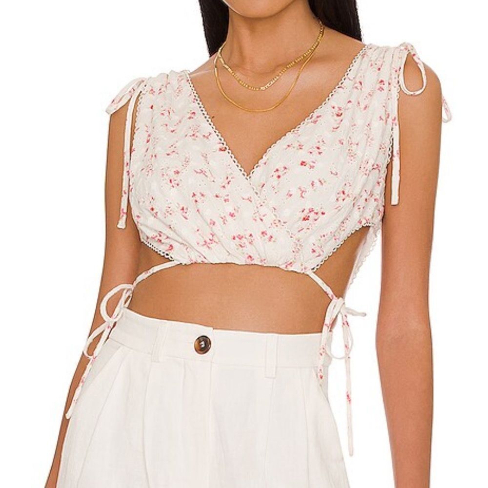 MAJORELLE Cream and Pink Floral Blouse Crop Top Medium Tie Crop